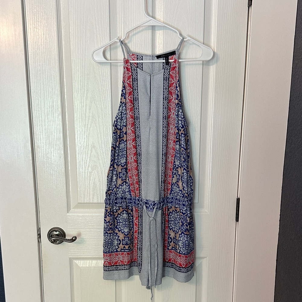 BCBGMaxAzria Navy and Coral Patterned Halter Romper